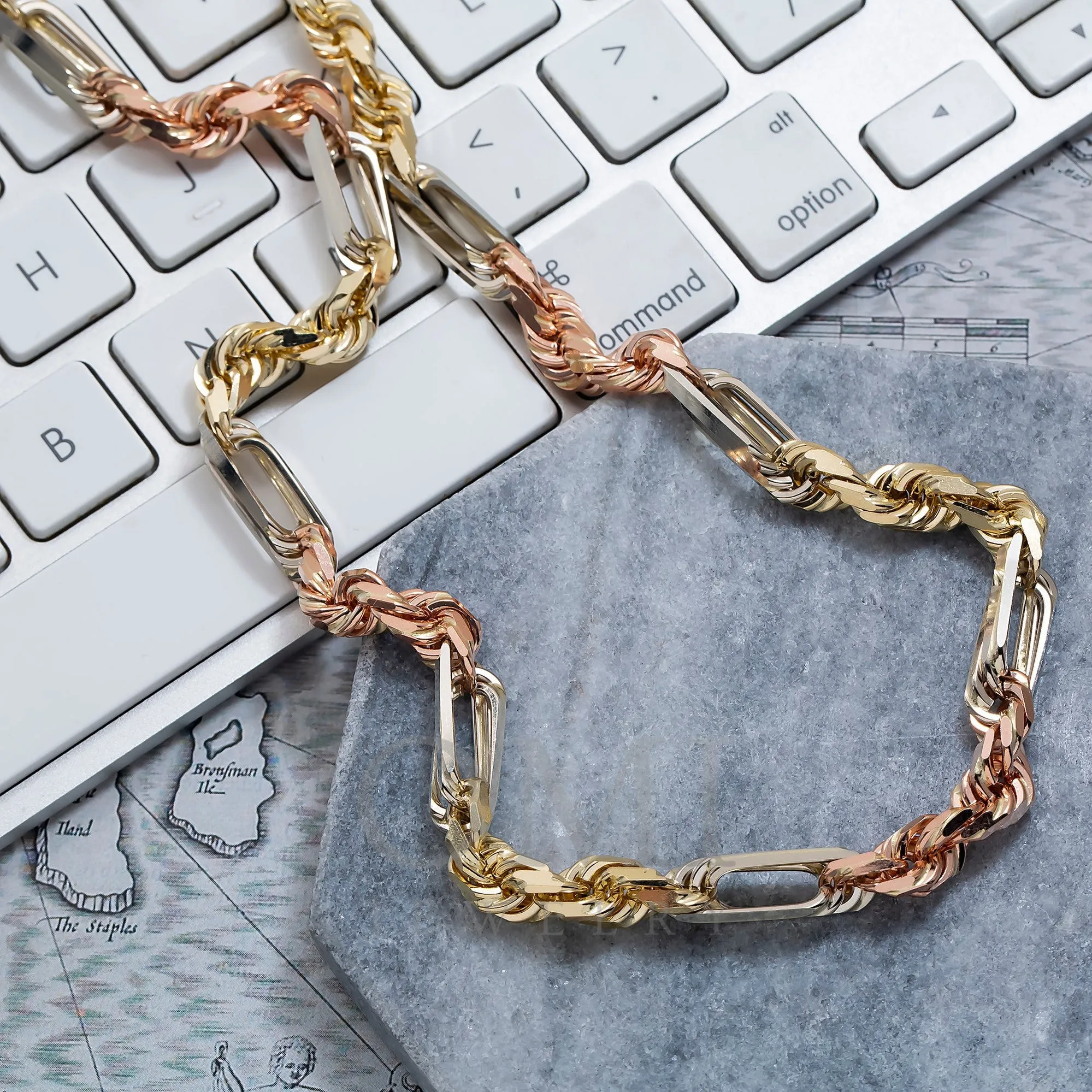 14K GOLD 6MM SOLID TRICOLOR MILANO CHAIN