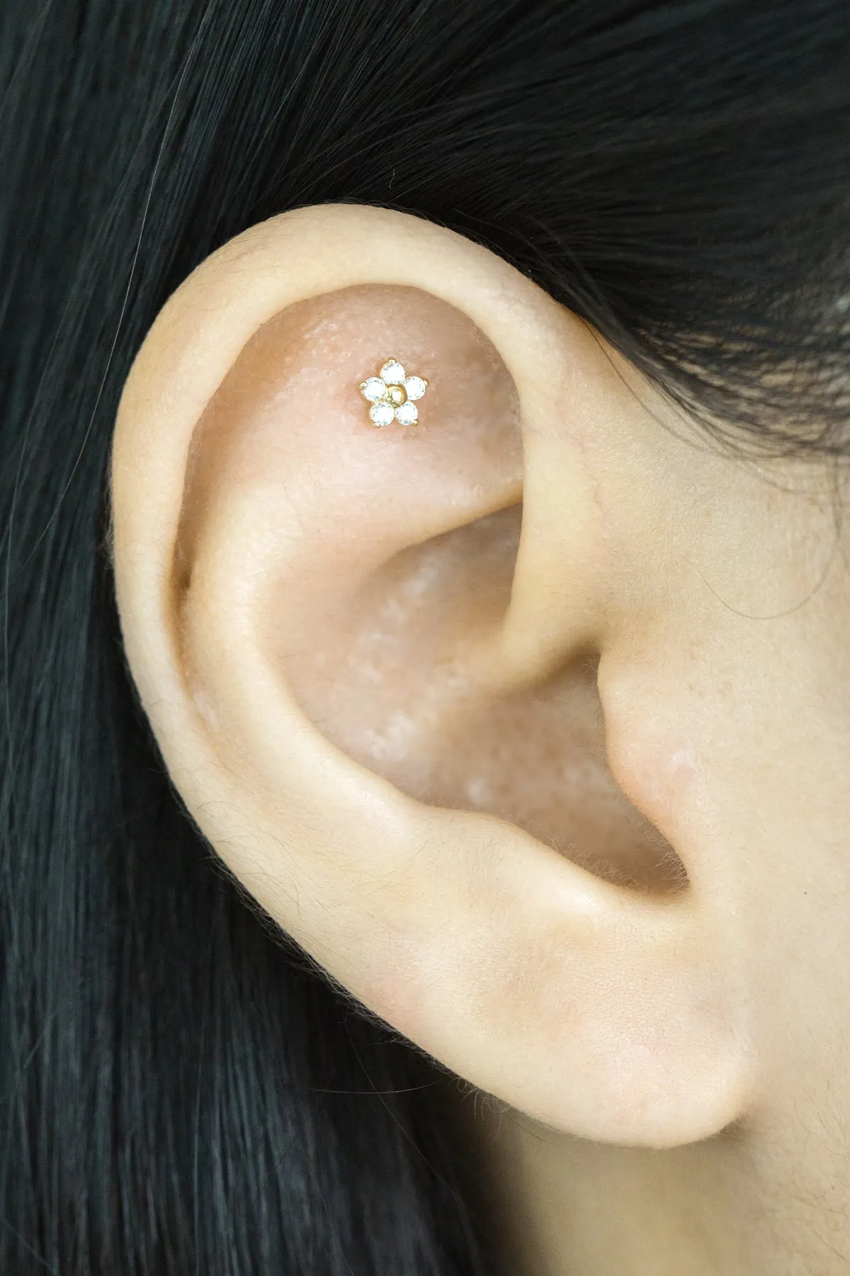 14k Gold Cz or Genuine Diamond Cartilage Tragus Helix Internally Threaded Flower Flat Back Earring Labret