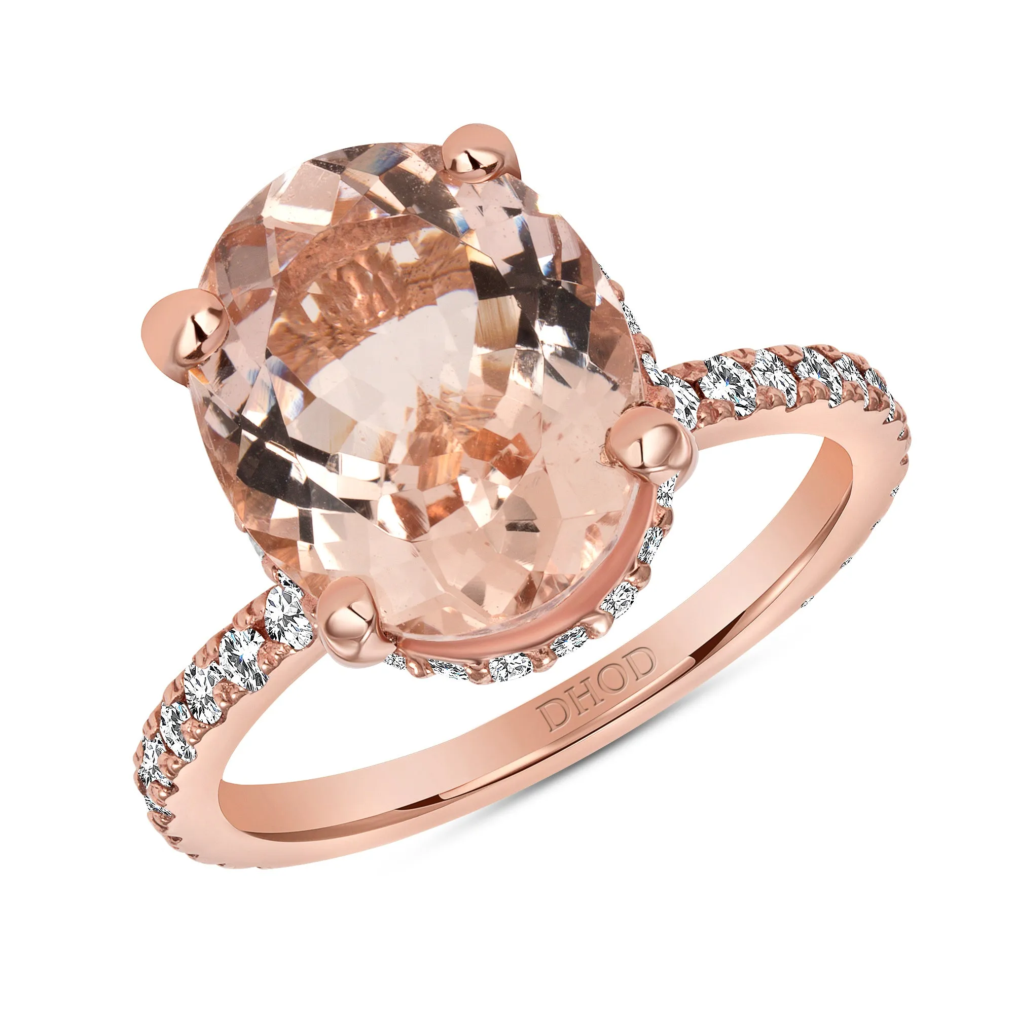 14k Gold Diamond Under halo Ring with 3ct Oval Morganite Ring