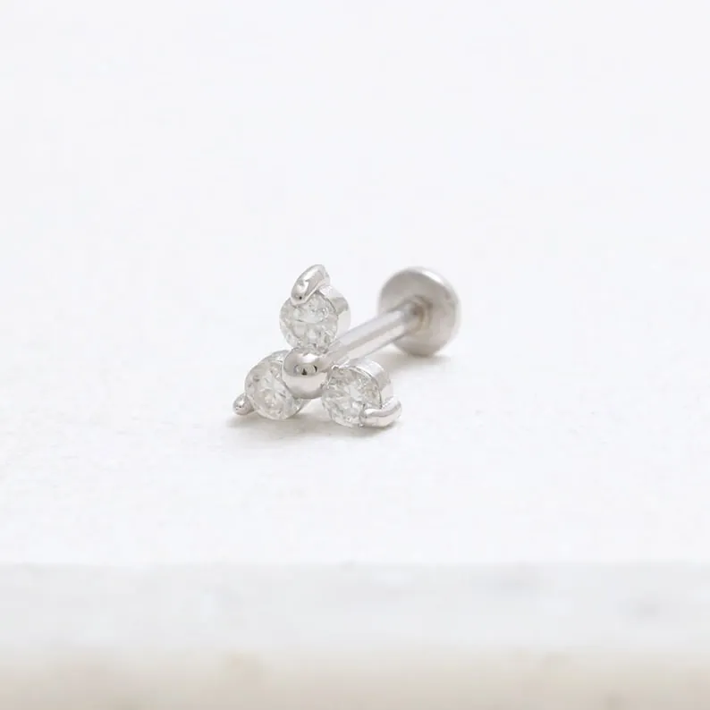 14K Real Gold 2mm CZ, Moissanite or Diamond Flower Helix Cartilage Tragus Conch Internally Threaded Flat Back Earring Labret