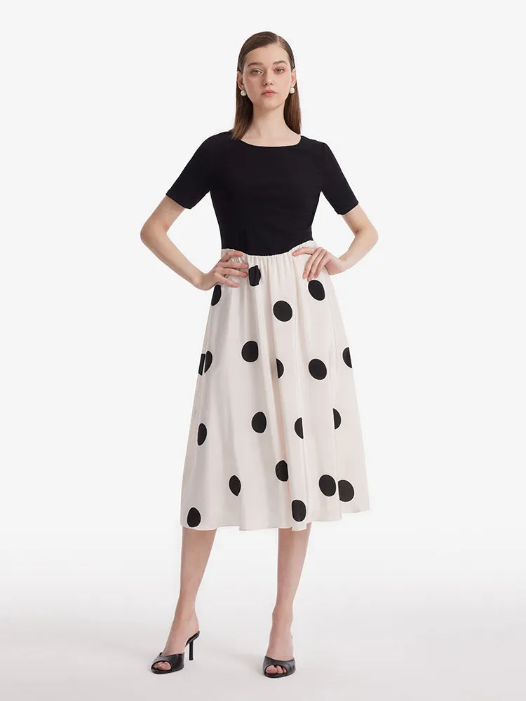 16 Momme Mulberry Silk Polka Dots Printed Patchwork Women Midi Dress With Scrunchie And 3D Rose Clip