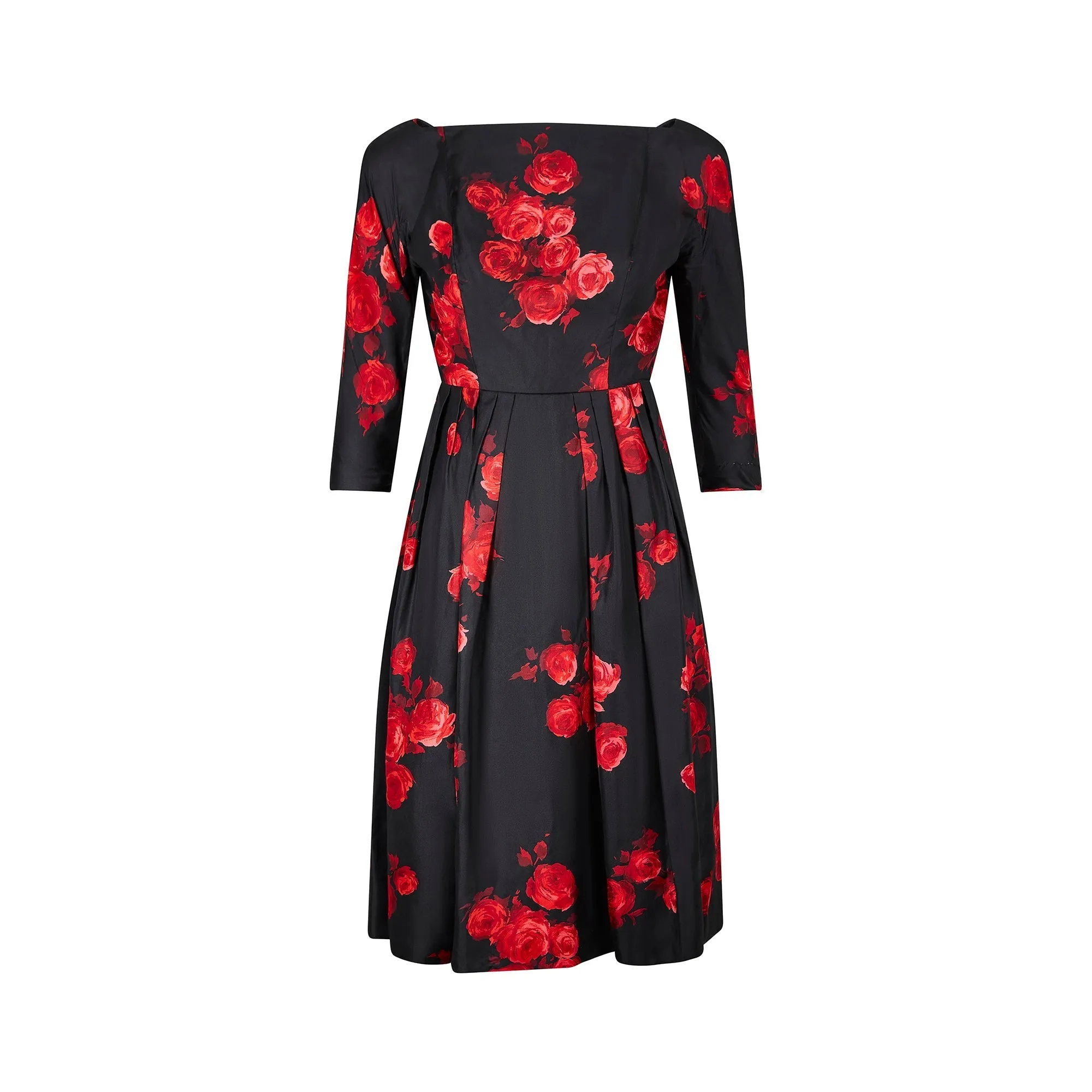 1950s Suzy Perette Satin Black and Red Rose Print Dress