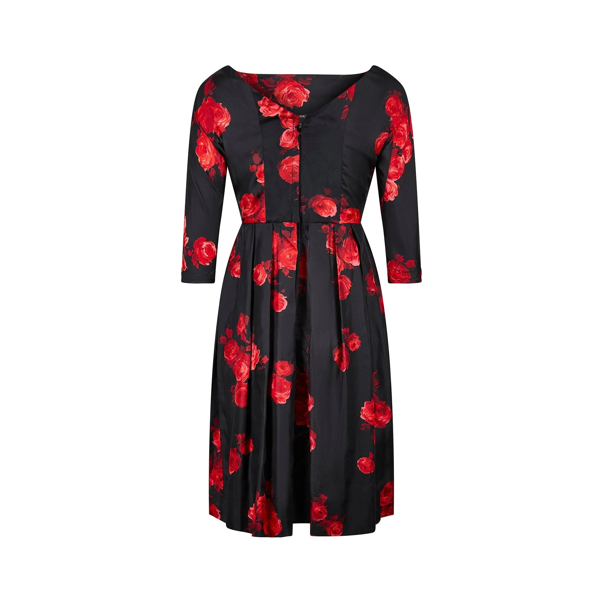 1950s Suzy Perette Satin Black and Red Rose Print Dress