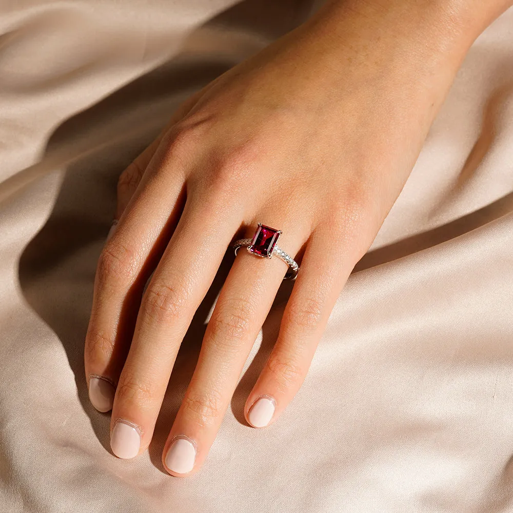 3 CT. Side Stone Lab Grown Ruby Engagement Ring With Hidden Halo