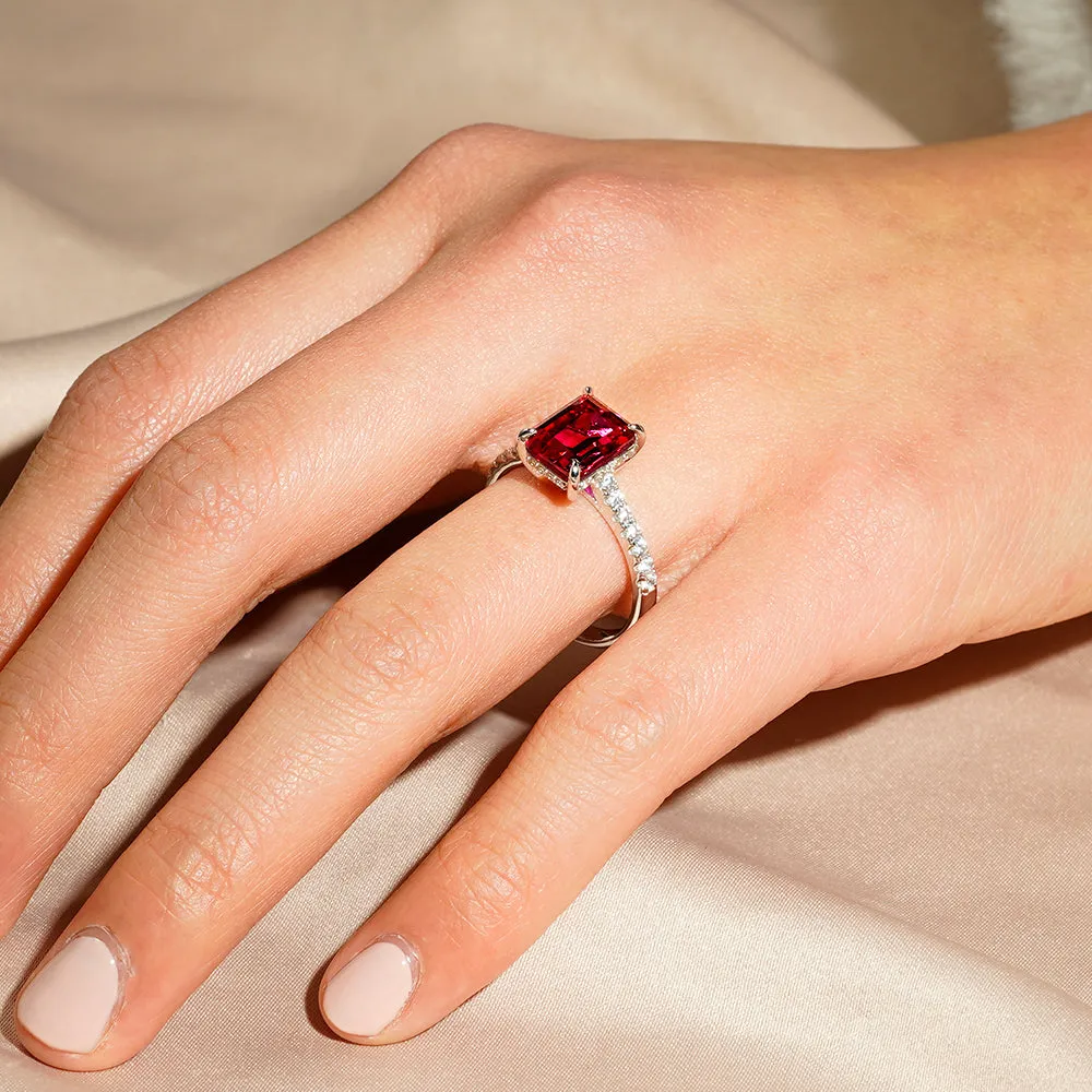 3 CT. Side Stone Lab Grown Ruby Engagement Ring With Hidden Halo