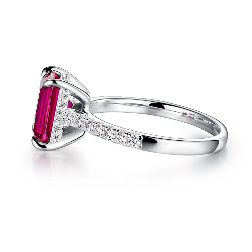 3 CT. Side Stone Lab Grown Ruby Engagement Ring With Hidden Halo