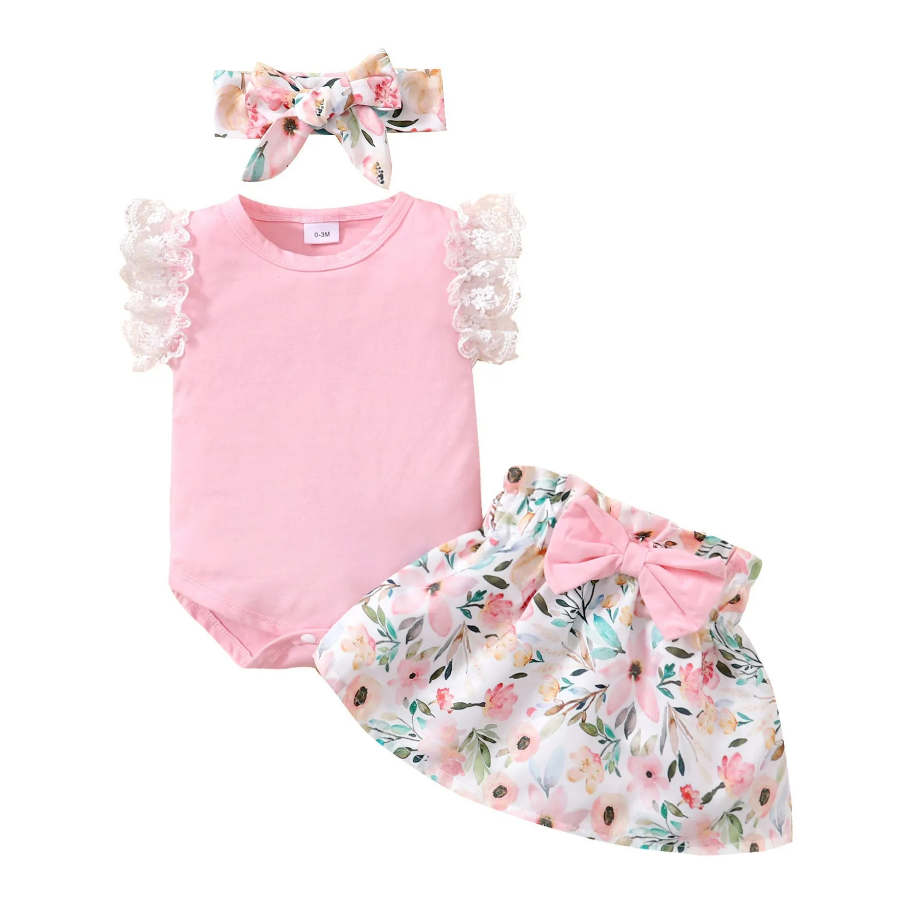 3 Pieces Set Baby Girls Lace Rompers Flower Print Shorts And Bow Headwear