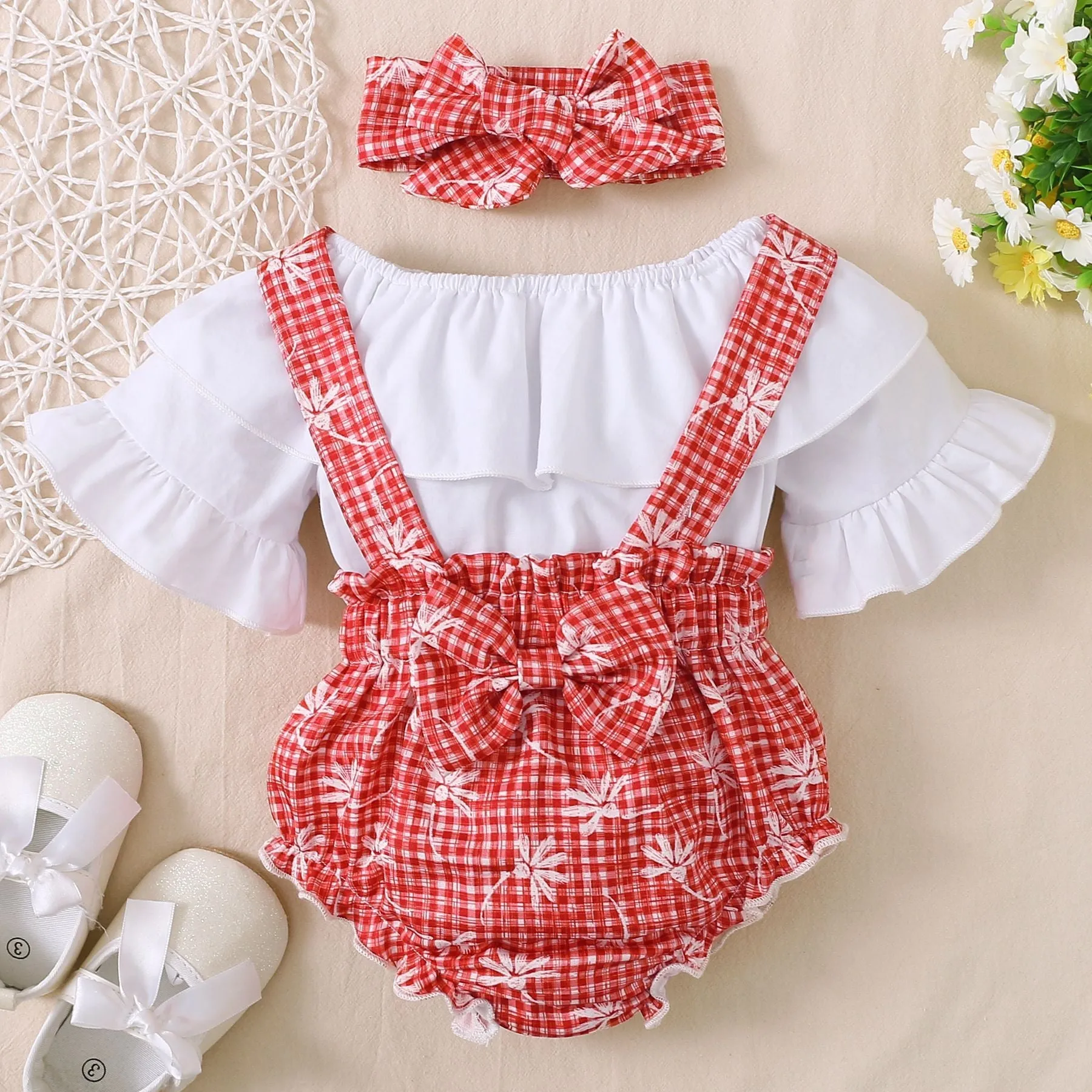 3 Pieces Set Baby Girls Solid Color Rompers And Flower Checked Rompers And Bow Headwear