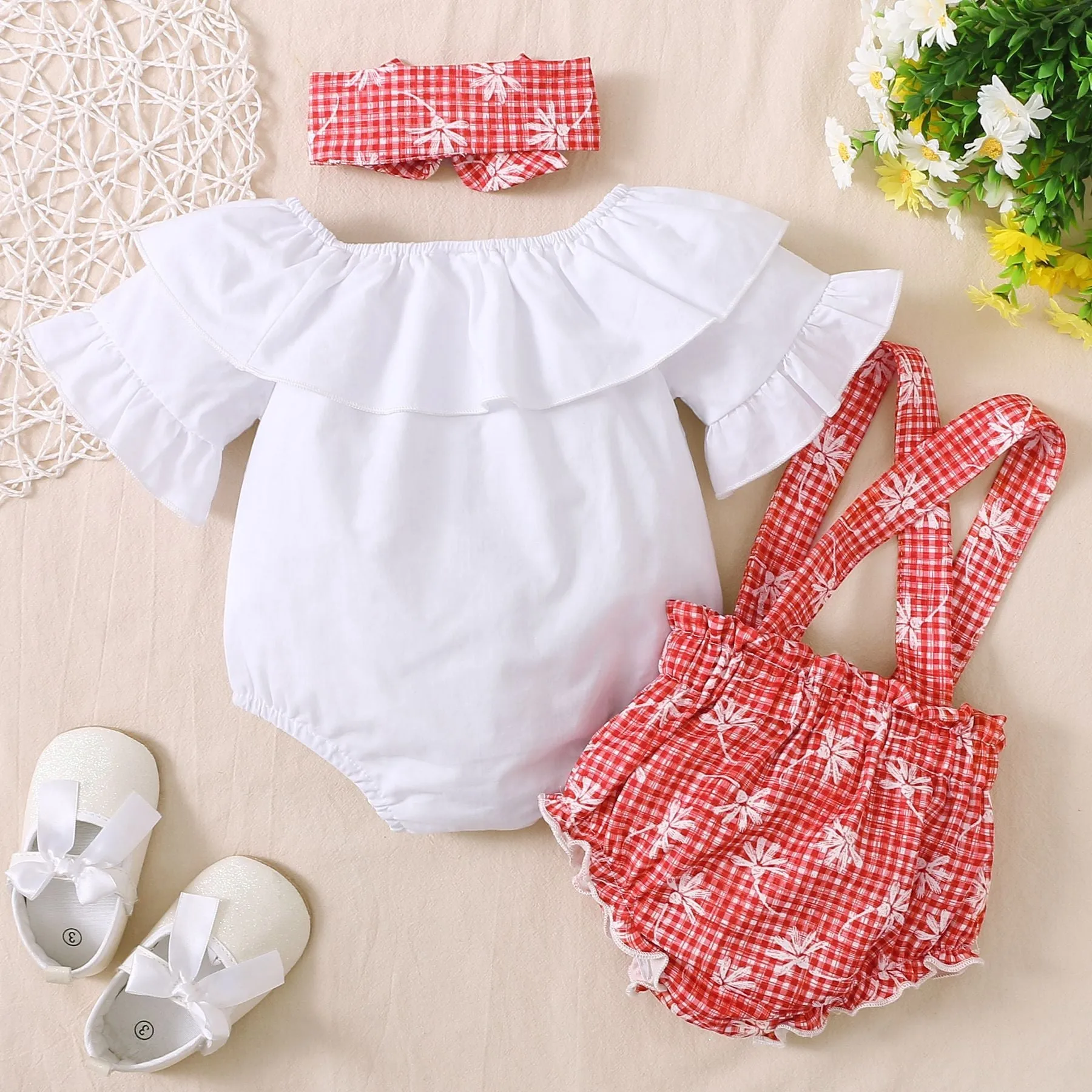 3 Pieces Set Baby Girls Solid Color Rompers And Flower Checked Rompers And Bow Headwear