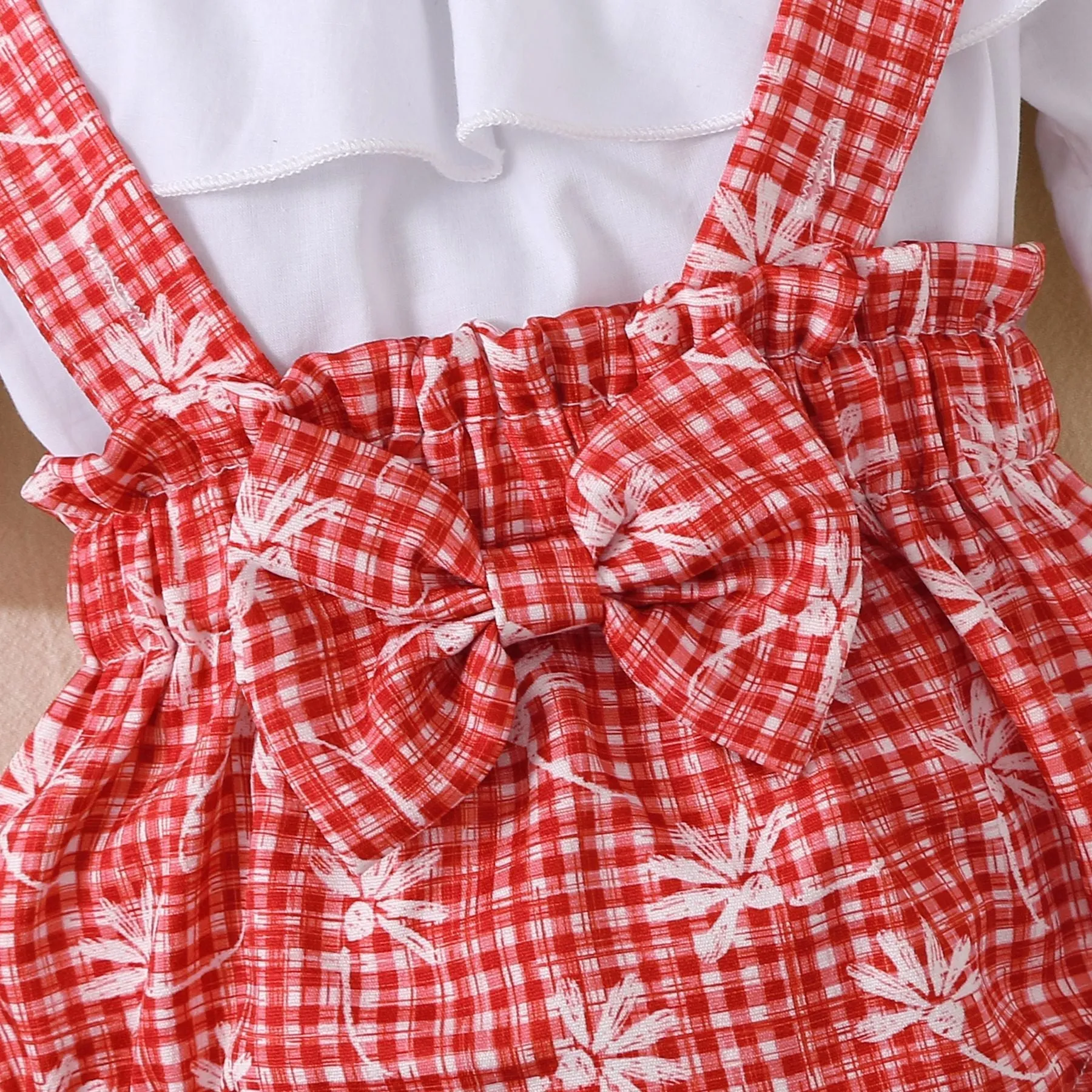 3 Pieces Set Baby Girls Solid Color Rompers And Flower Checked Rompers And Bow Headwear