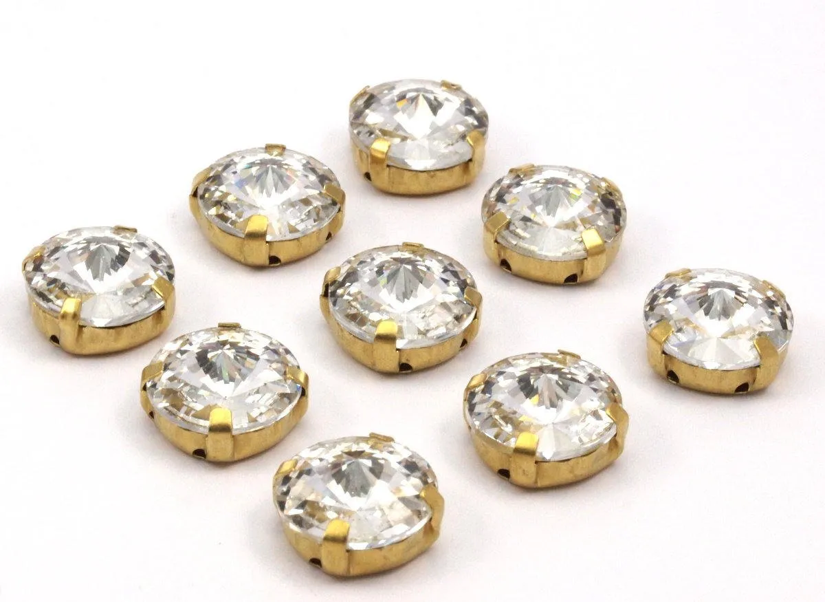 6 Ss60 Clear Crystal Rivoli Sew On Rhinestone Raw Brass Prong Setting 4 Hole Slider 14mm Y258