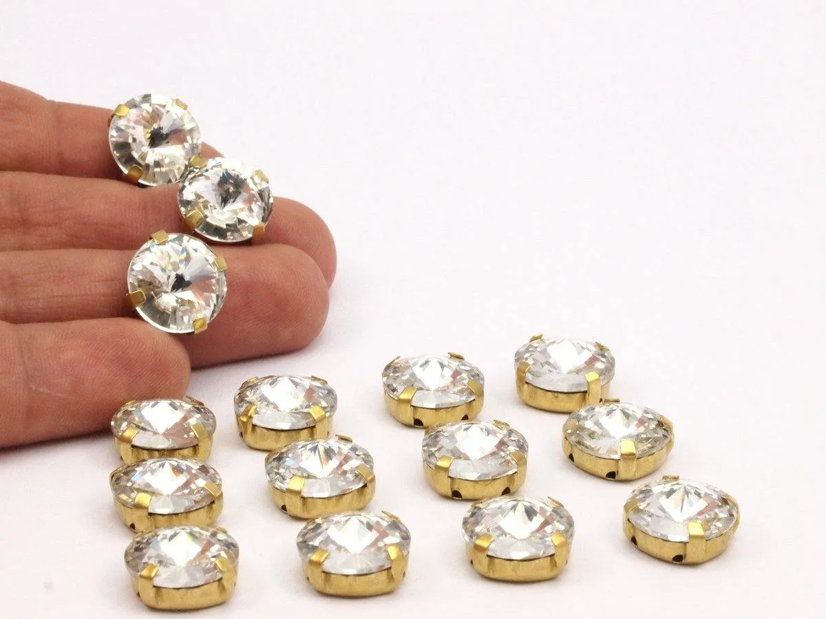 6 Ss60 Clear Crystal Rivoli Sew On Rhinestone Raw Brass Prong Setting 4 Hole Slider 14mm Y258