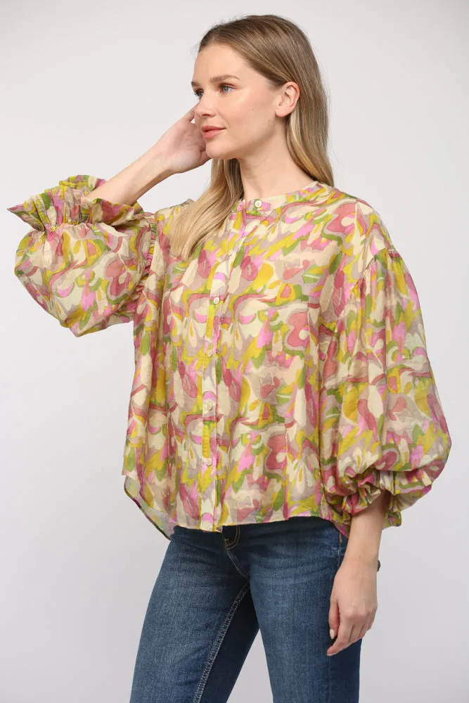 Abstract Print Bubble Sleeve Top