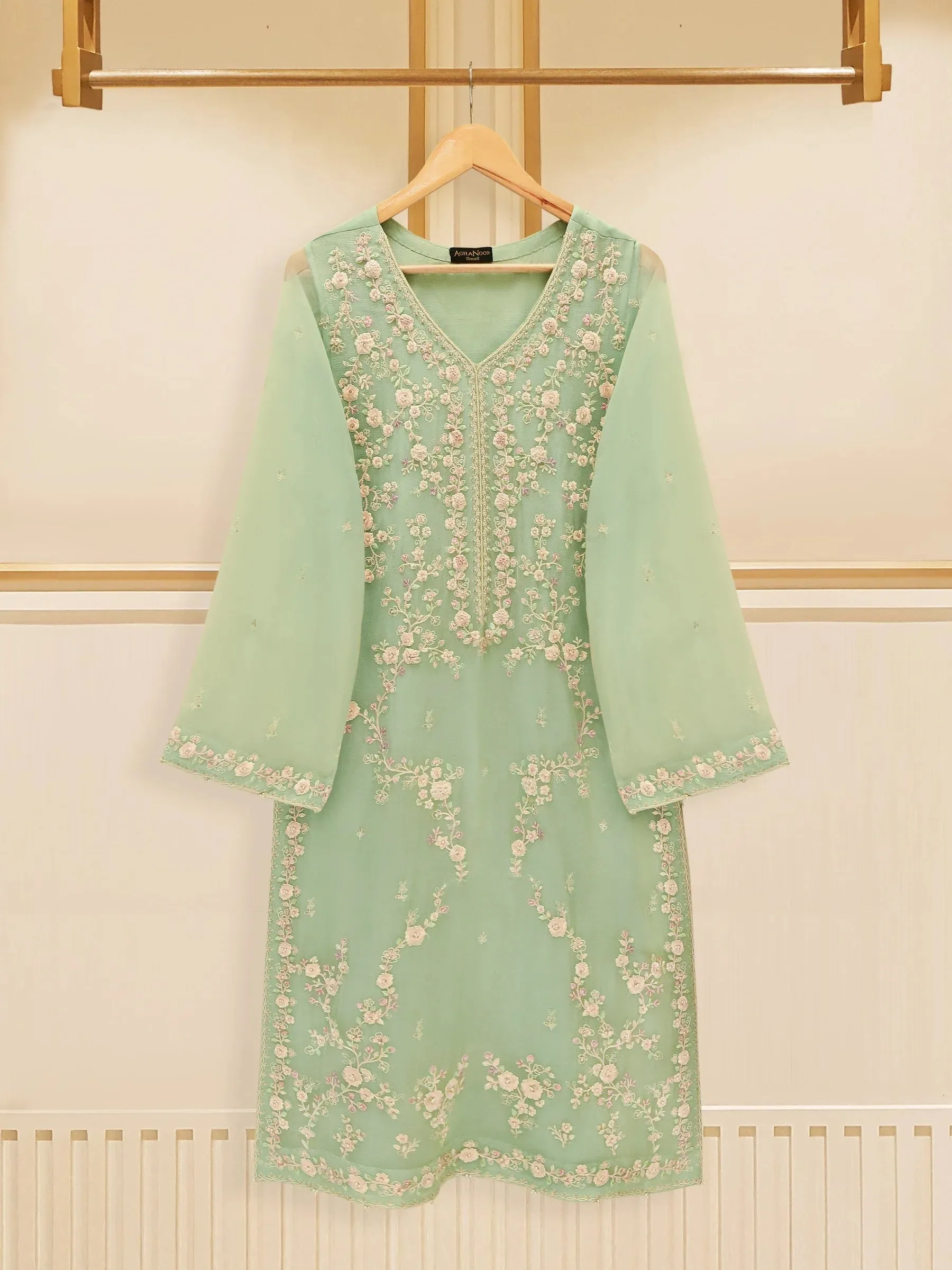 Agha Noor Pista Green Chiffon & Silk 2-Piece (Shirt   Trouser)