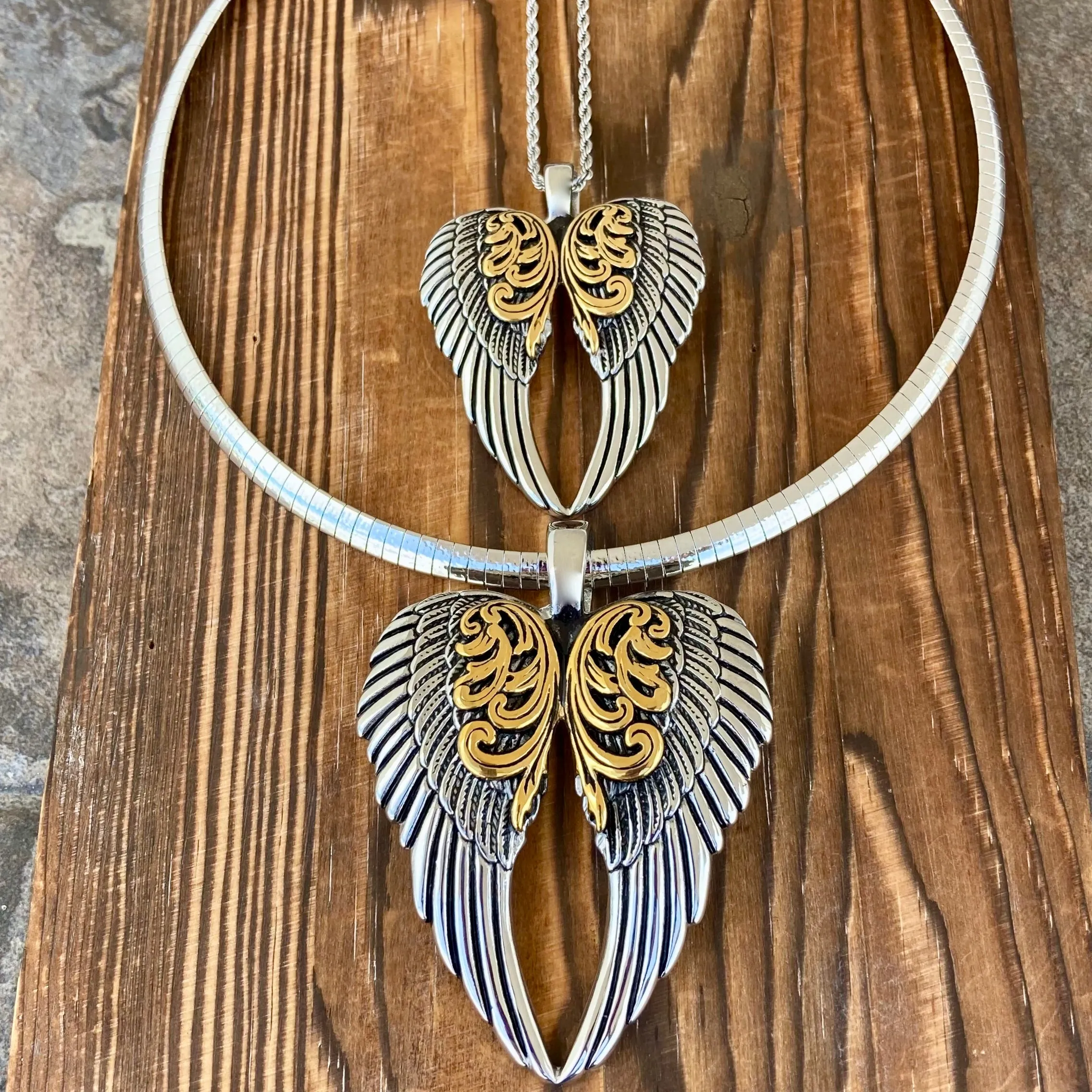 Angel Heart Wings Pendant - Silver/Gold Wings - Custom - Rope Necklace or Omega - LAP025