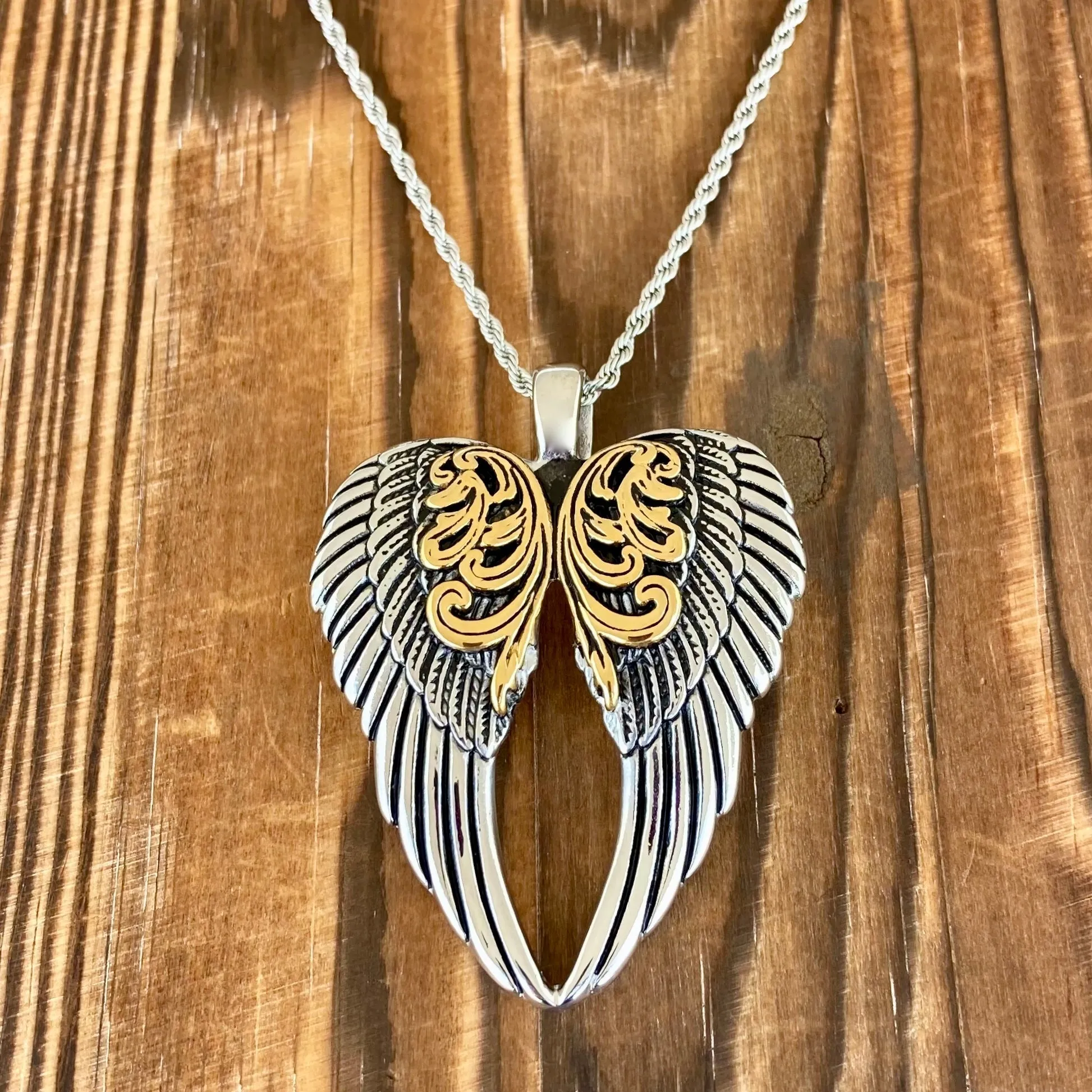 Angel Heart Wings Pendant - Silver/Gold Wings - Custom - Rope Necklace or Omega - LAP025