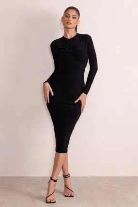 Anna | Black High Neck Twist Front Bodycon Midi Dress With Long Sleeves