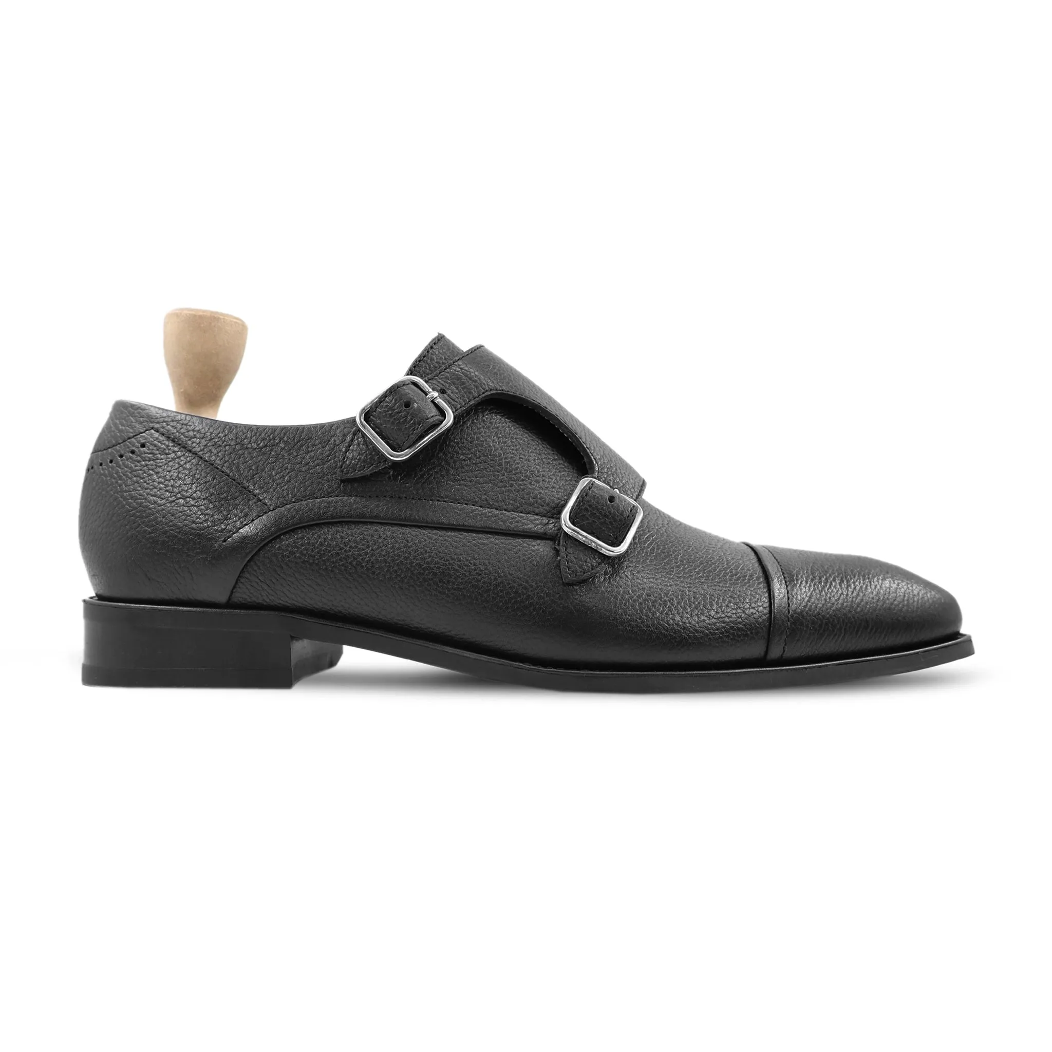 Arad - Men's Black Pebble Grain Leather Double Monkstrap