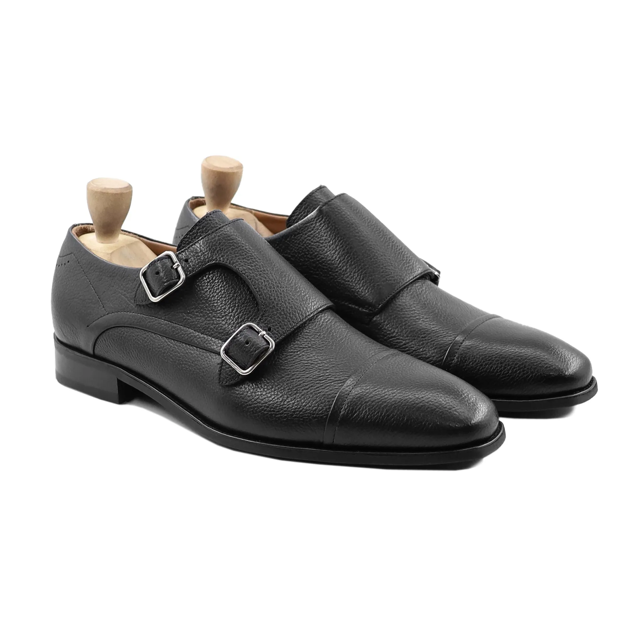 Arad - Men's Black Pebble Grain Leather Double Monkstrap