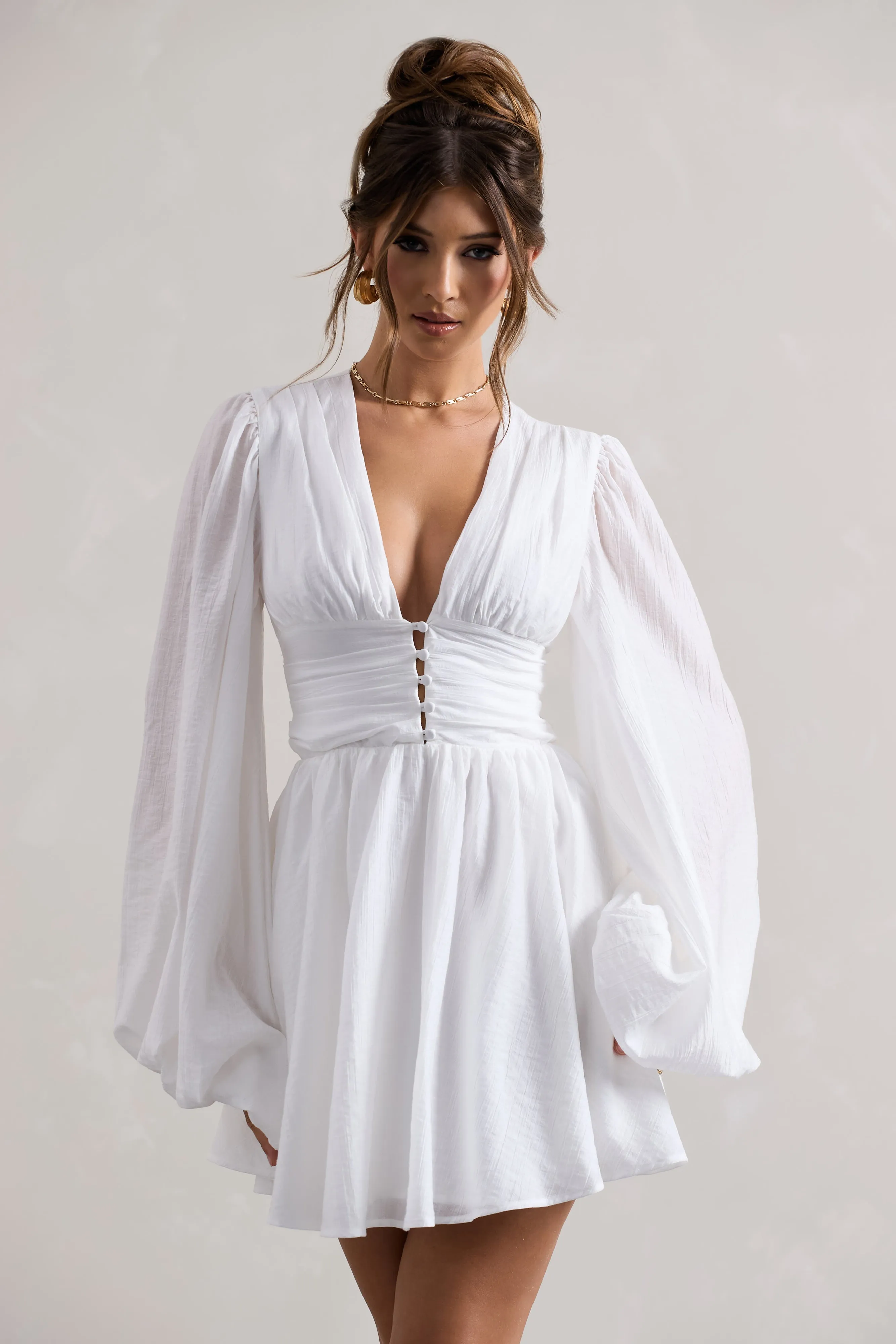 Avalon | White Plunge-Neck Balloon-Sleeve Mini Dress