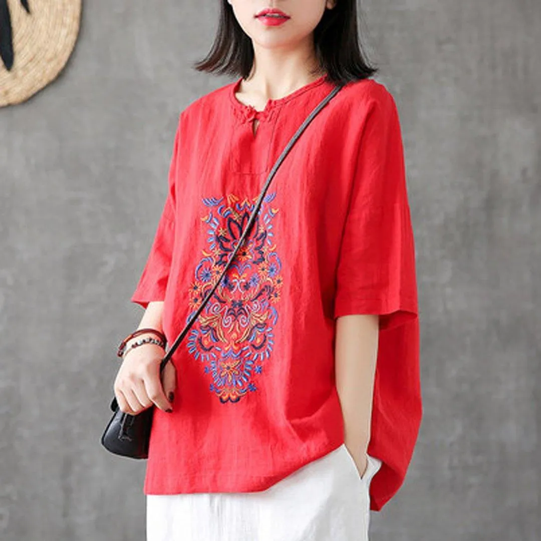 Babakud Embroidery Vintage Casual Loose Linen T-Shirt