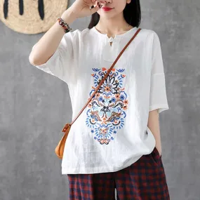 Babakud Embroidery Vintage Casual Loose Linen T-Shirt