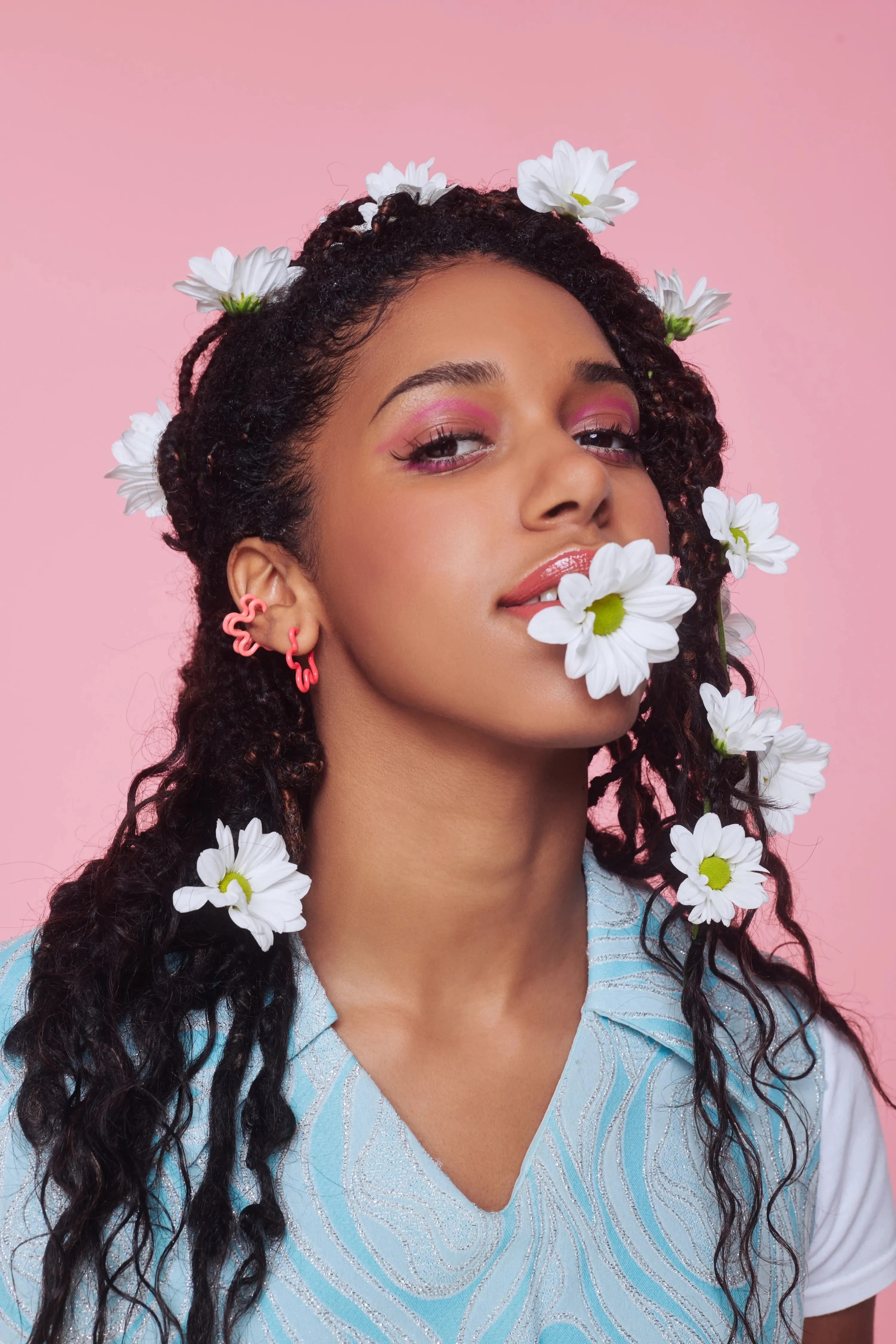 Bea Bongiasca - Two Tone Asymmetrical Flower Earrings with Coral and Hot Pink Enamel, Yellow Gold and Silver