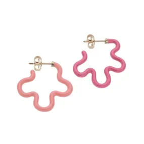 Bea Bongiasca - Two Tone Asymmetrical Flower Earrings with Coral and Hot Pink Enamel, Yellow Gold and Silver