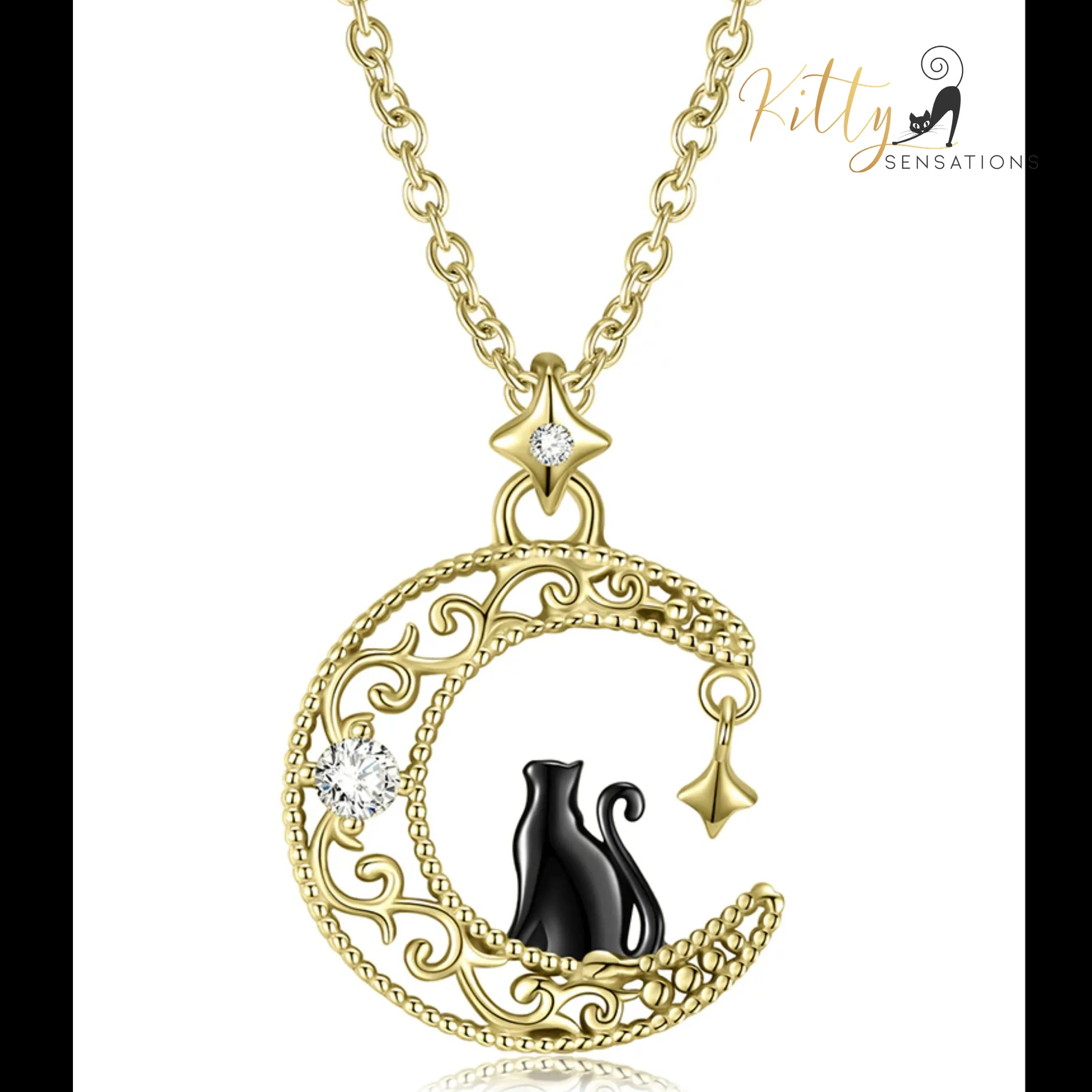 Black & Gold Moon Kitty Necklace in Solid 925 Sterling Silver