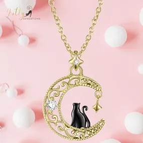 Black & Gold Moon Kitty Necklace in Solid 925 Sterling Silver