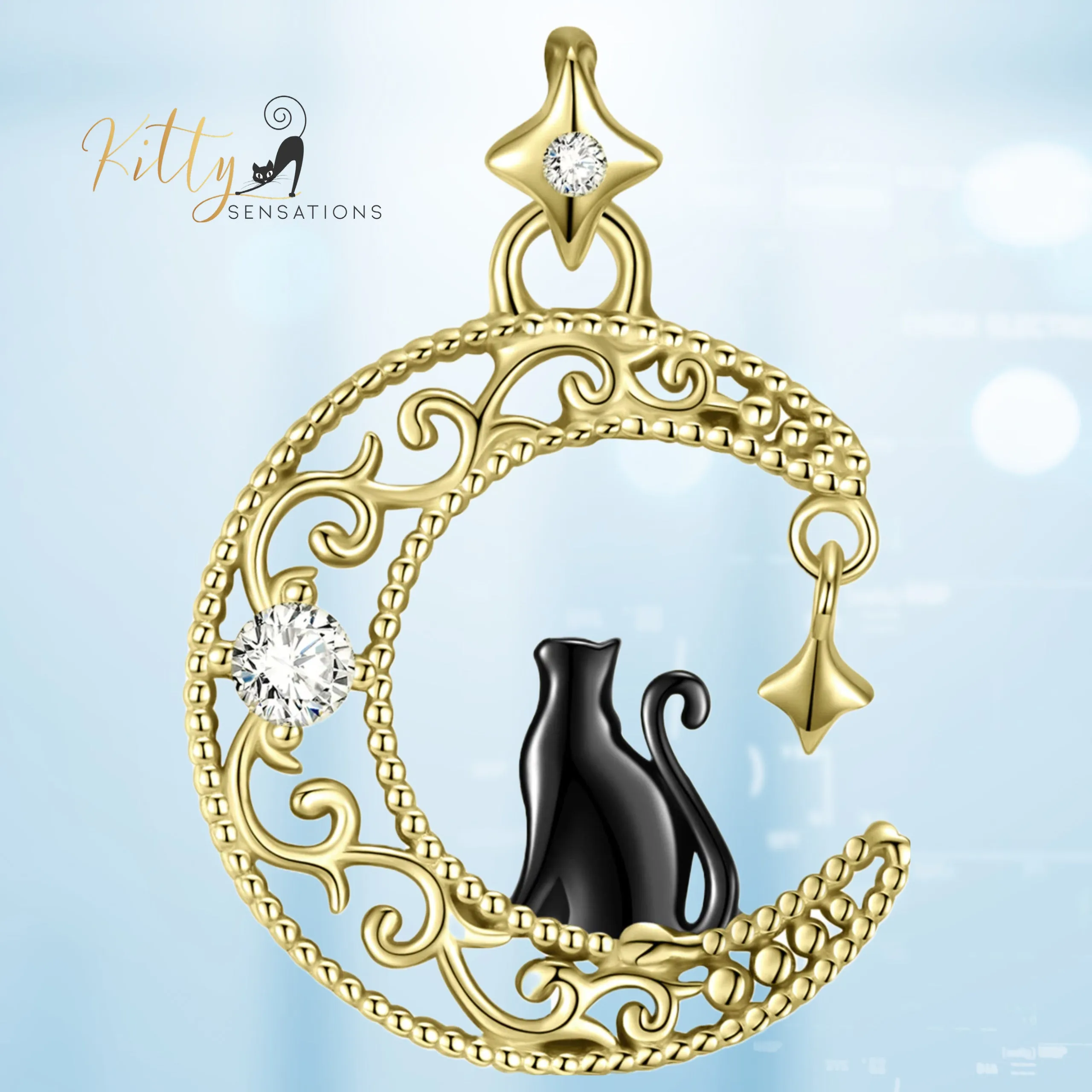 Black & Gold Moon Kitty Necklace in Solid 925 Sterling Silver