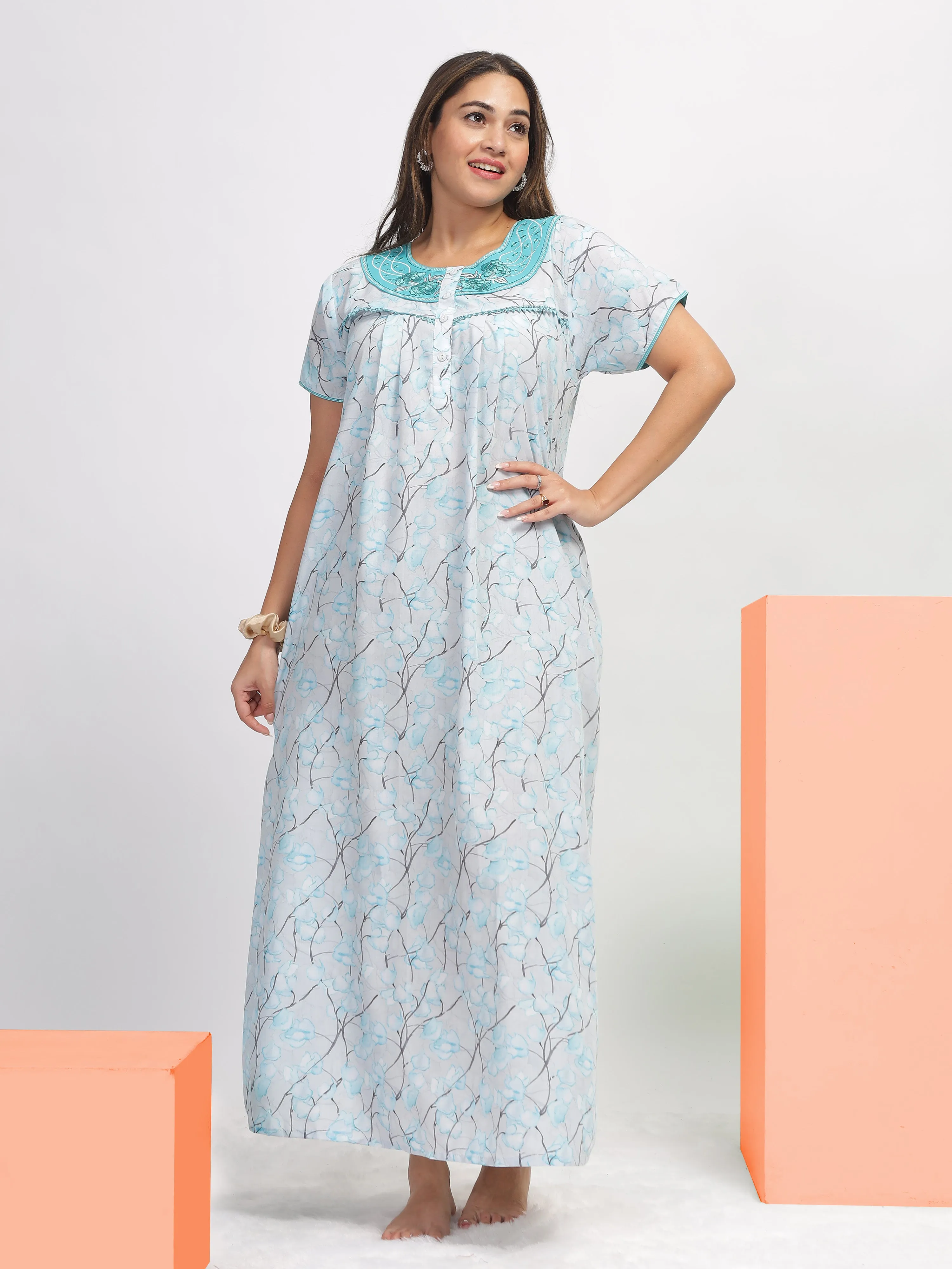 Blue Embroidered Nighty: Elegance in Every Stitch