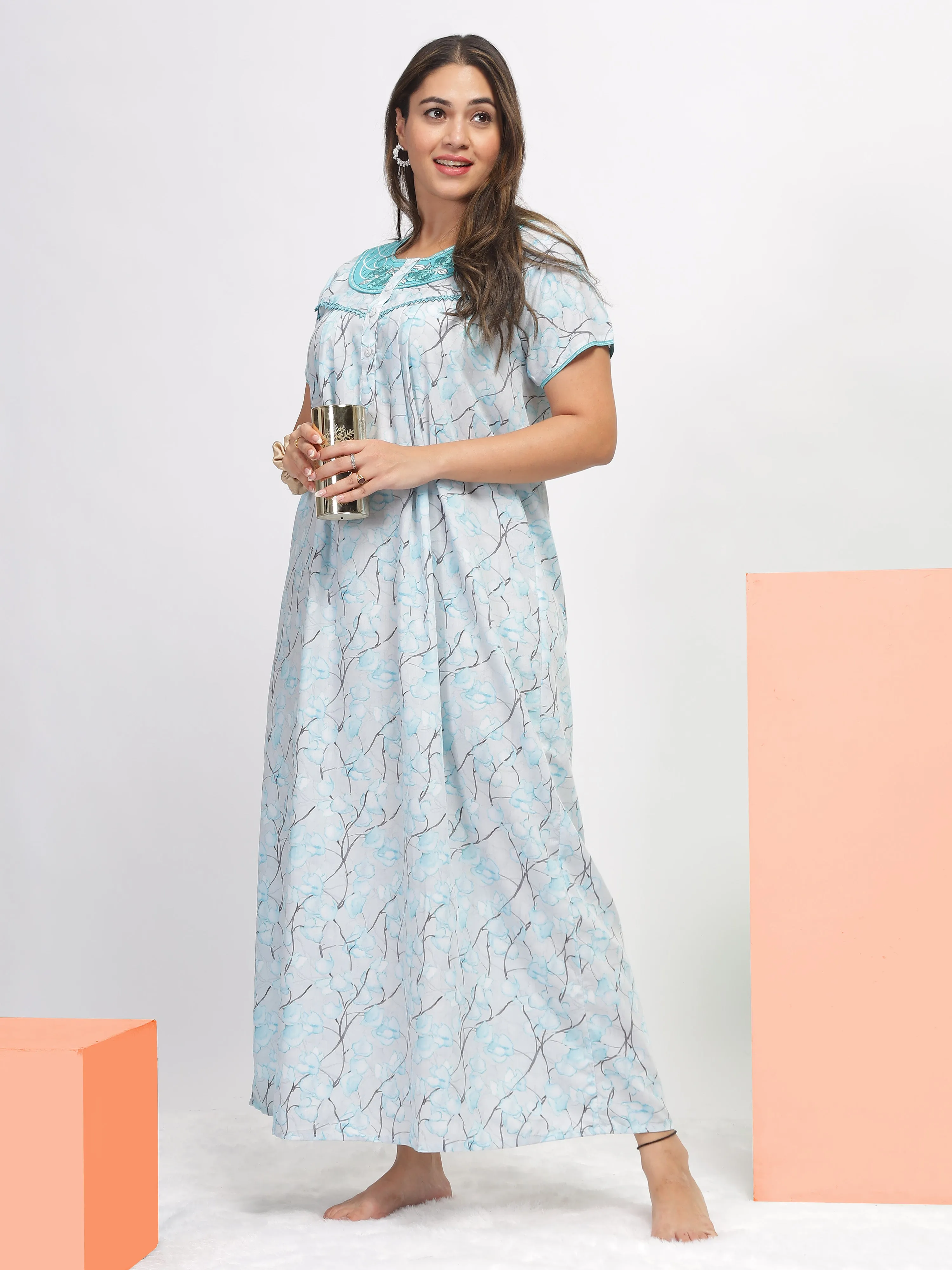 Blue Embroidered Nighty: Elegance in Every Stitch