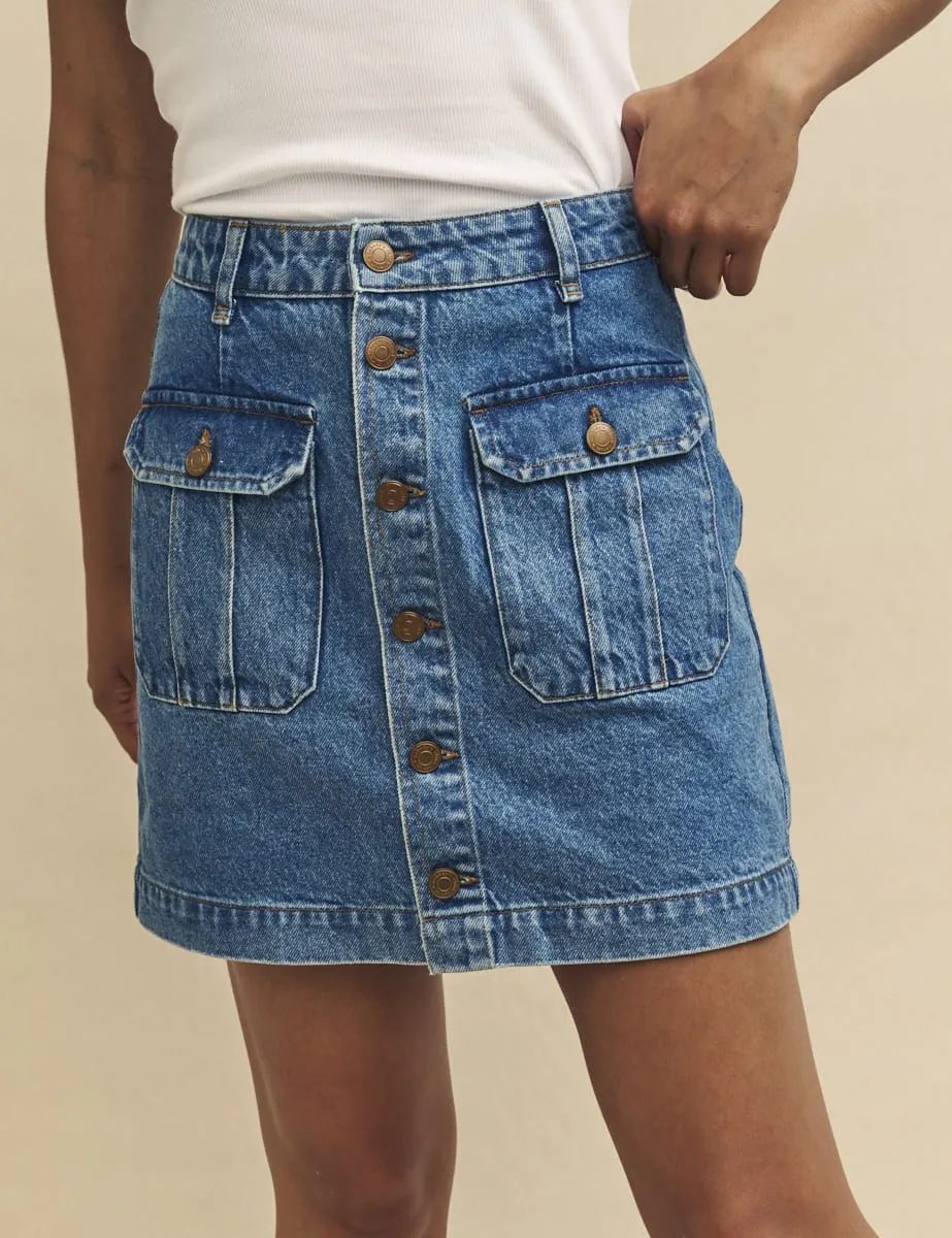 Blue Mid Wash Denim Button-Up Mini Skirt