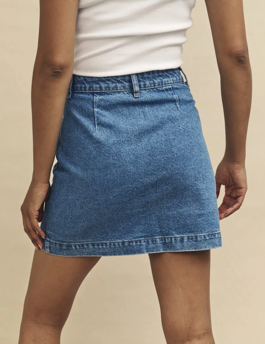 Blue Mid Wash Denim Button-Up Mini Skirt