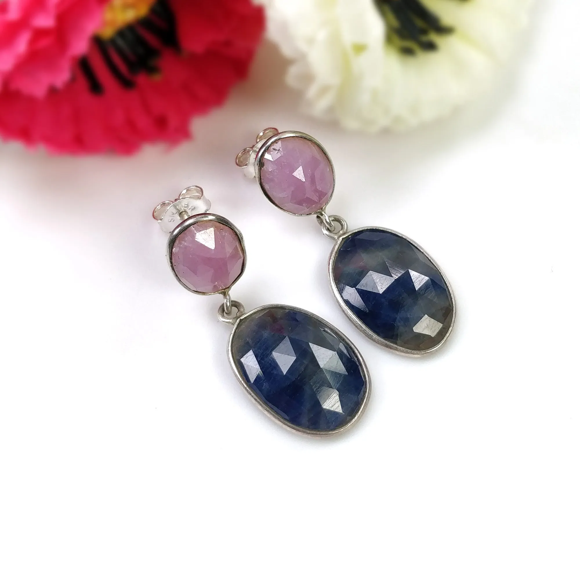 BLUE PINK SAPPHIRE Gemstone Bezel Set Earrings : 5.67gms Natural 925 Sterling Silver Drop Dangle Push Back Earrings 1.25"