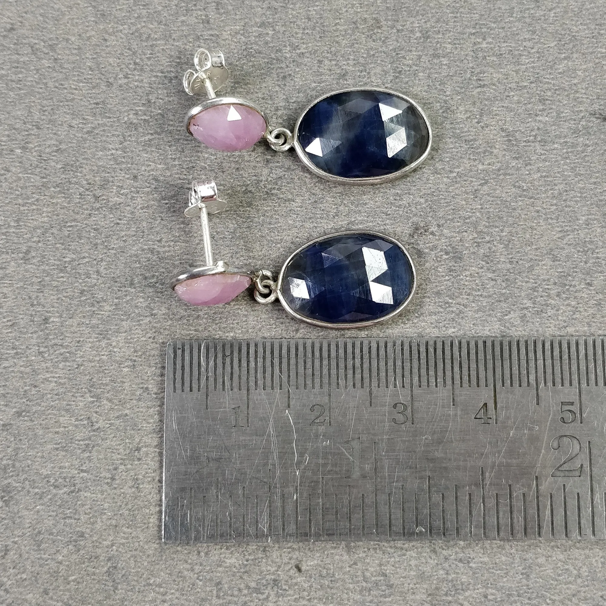 BLUE PINK SAPPHIRE Gemstone Bezel Set Earrings : 5.67gms Natural 925 Sterling Silver Drop Dangle Push Back Earrings 1.25"