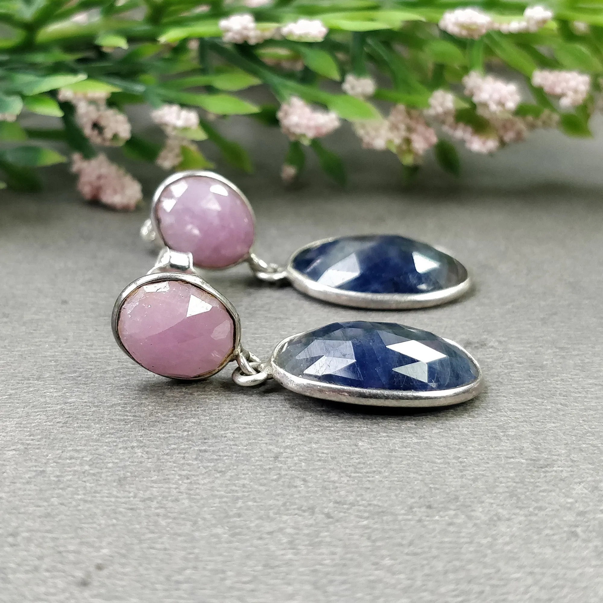 BLUE PINK SAPPHIRE Gemstone Bezel Set Earrings : 5.67gms Natural 925 Sterling Silver Drop Dangle Push Back Earrings 1.25"