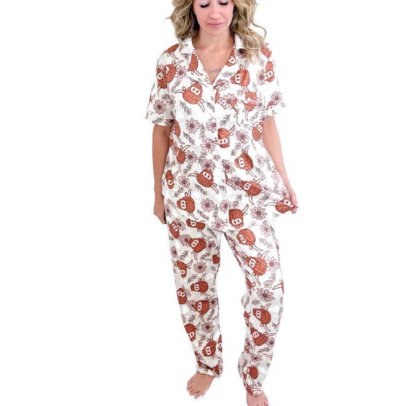 Boho Highland Cow Print Soft Button up Pajama Set