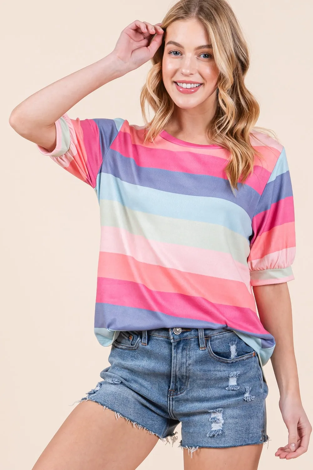 BOMBOM Striped T-Shirt for Men and Women - Round Neck, Half Sleeve, Casual Summer Style, Comfort Fit