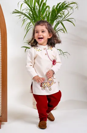 Boy Lion Kurta Pyjama Set - Cream