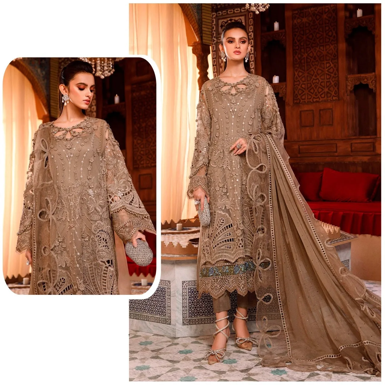 Brown Organza Party Wear Pakistani Suit