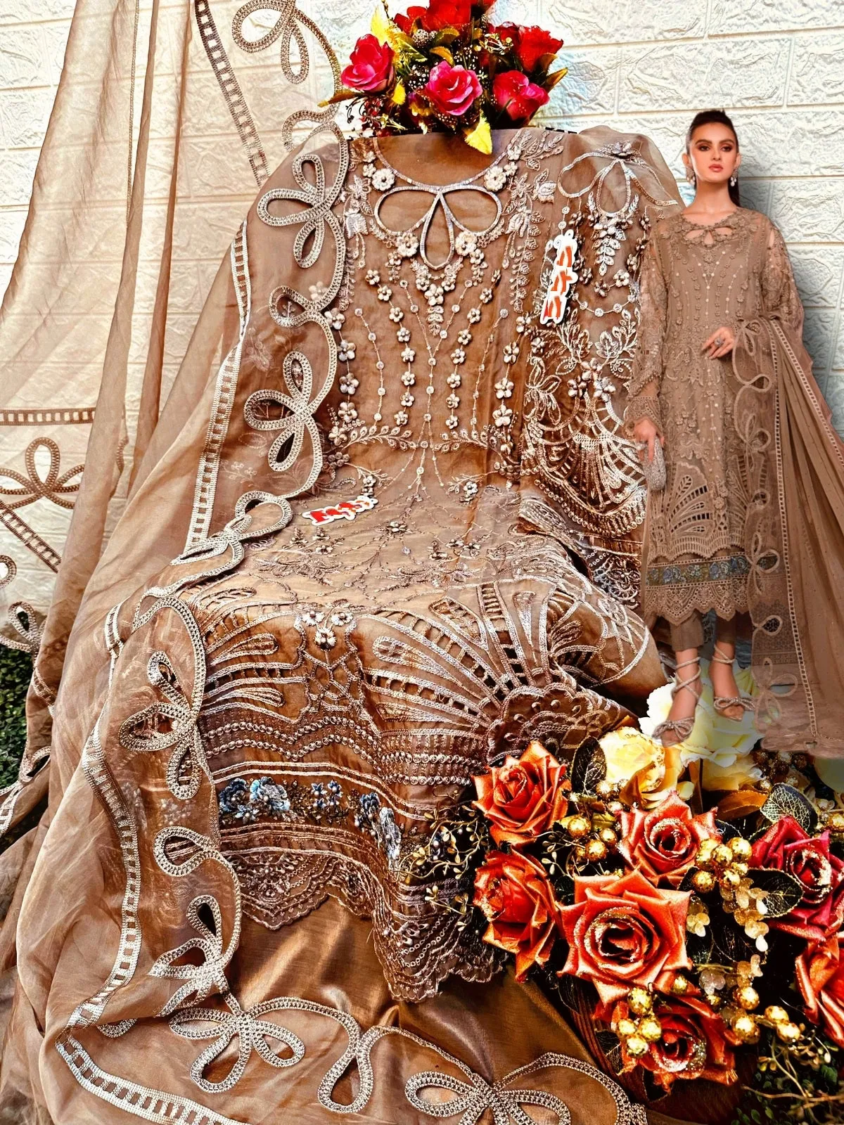 Brown Organza Party Wear Pakistani Suit