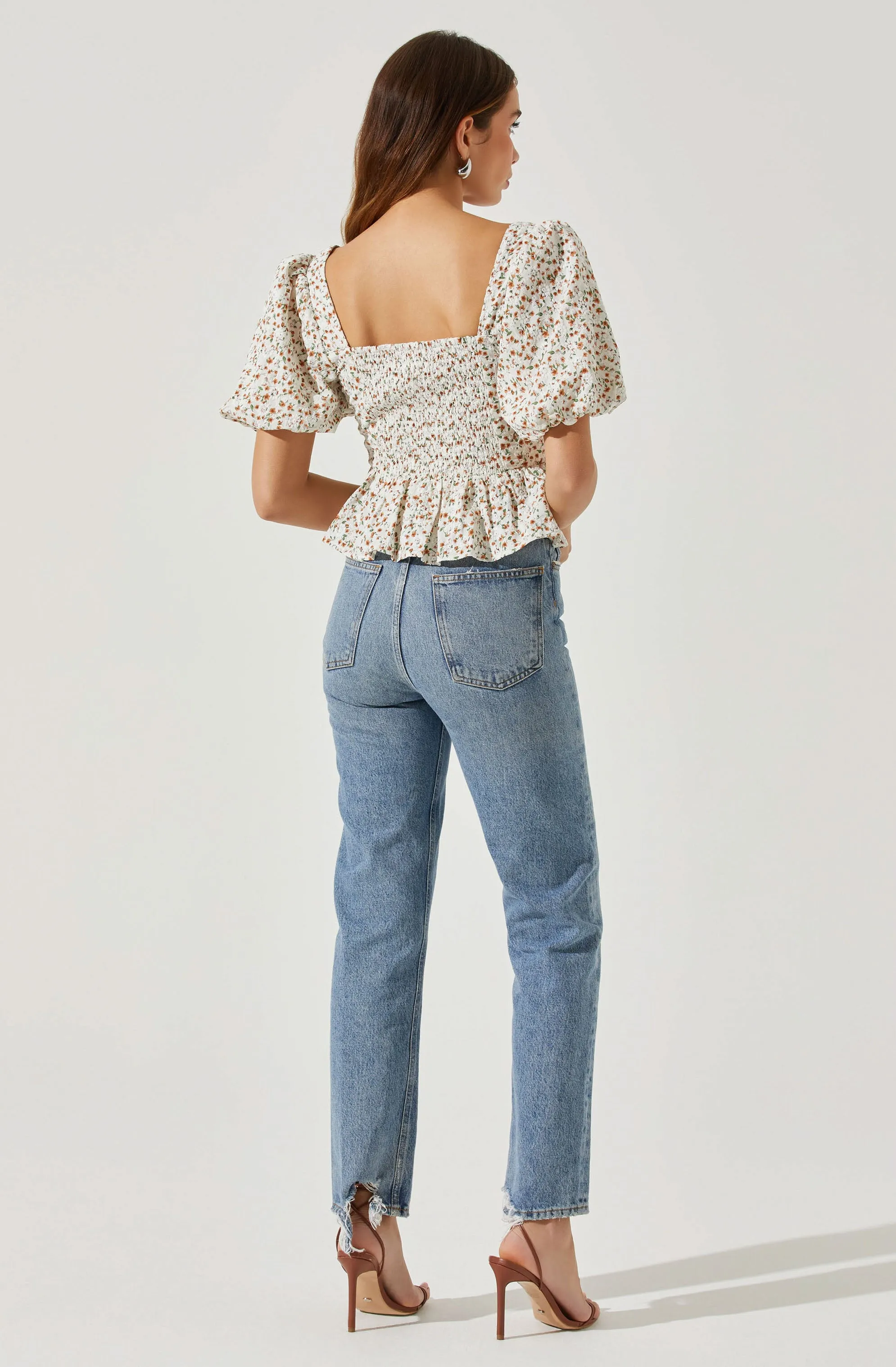 Bubble Sleeve Front Tie Floral Top