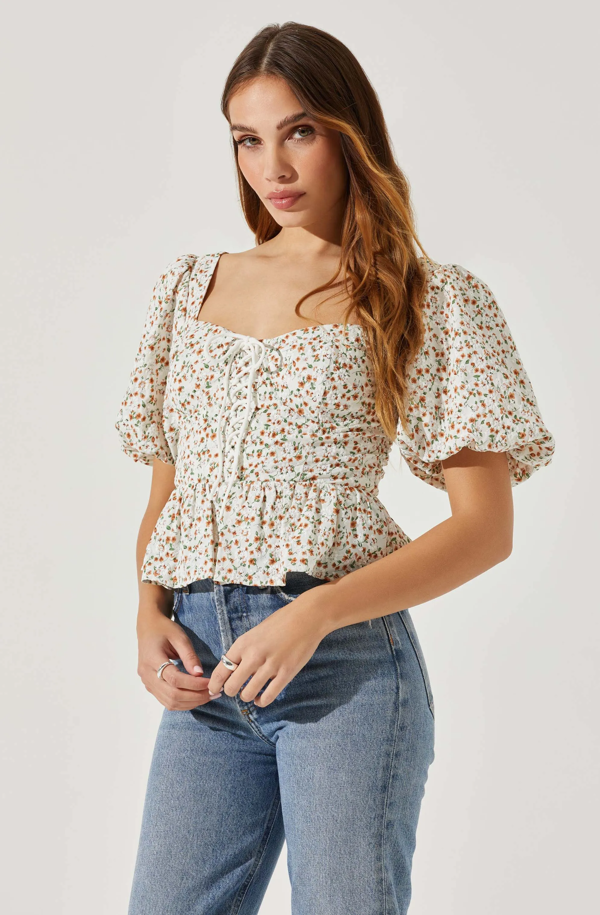 Bubble Sleeve Front Tie Floral Top