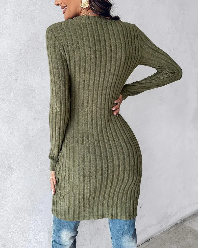 Buttoned Slit Asymmetrical Neck Knit Top