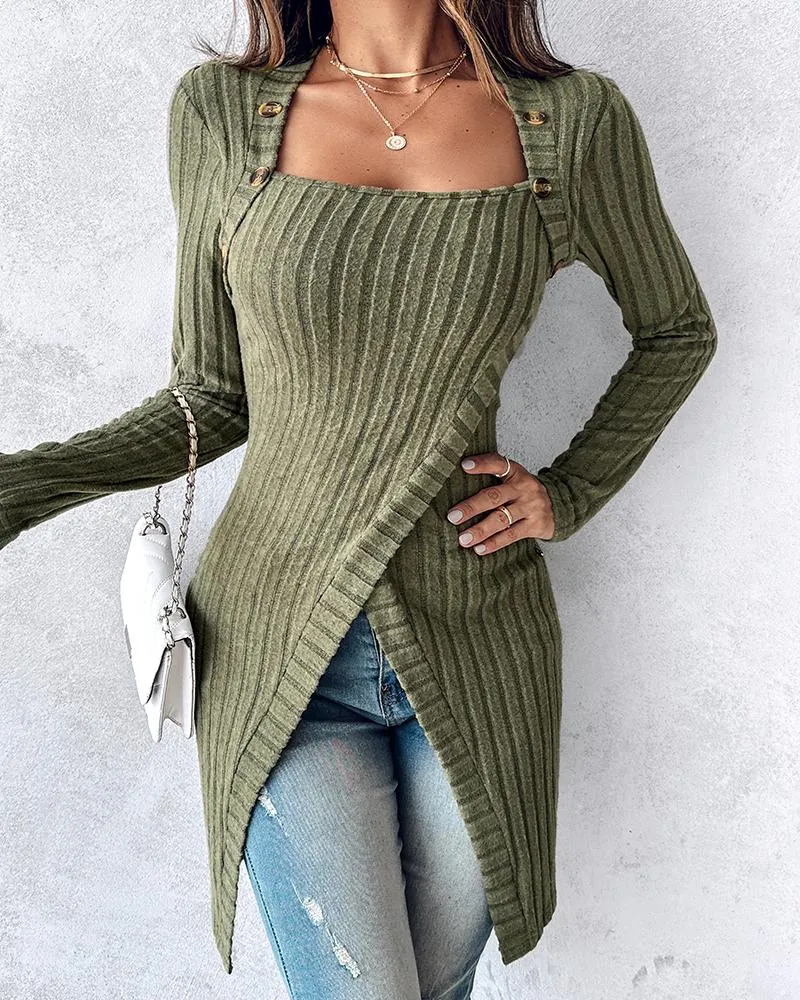 Buttoned Slit Asymmetrical Neck Knit Top