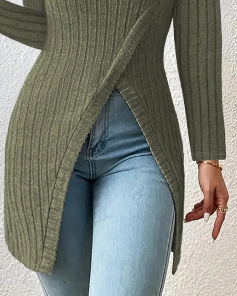 Buttoned Slit Asymmetrical Neck Knit Top