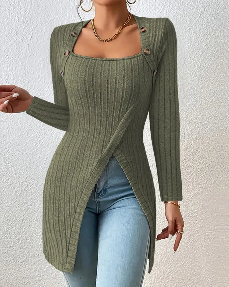 Buttoned Slit Asymmetrical Neck Knit Top