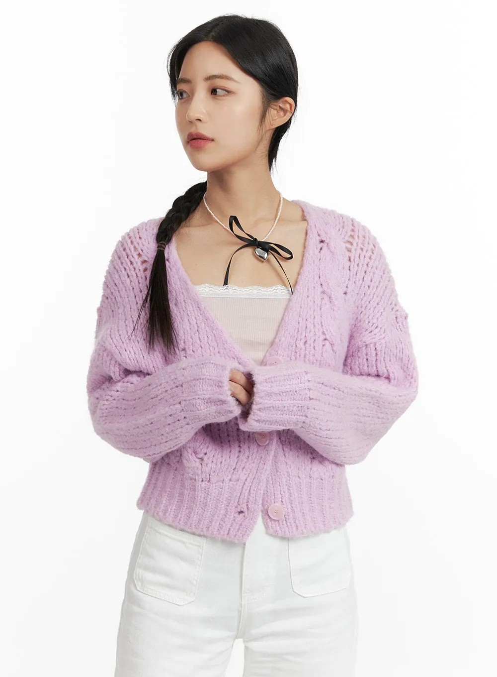 Cable Knit Solid Cardigan OF416